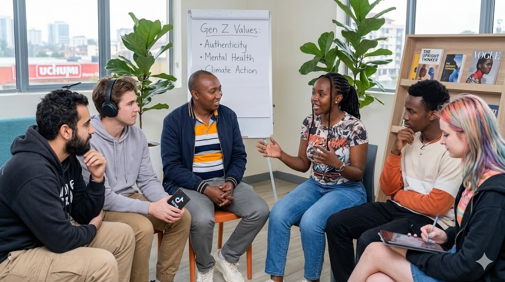 A male counselor in a blue jacket and striped shirt leading a collaborative discussion with a diverse group of Gen Z individuals in a modern office overlooking Nairobi