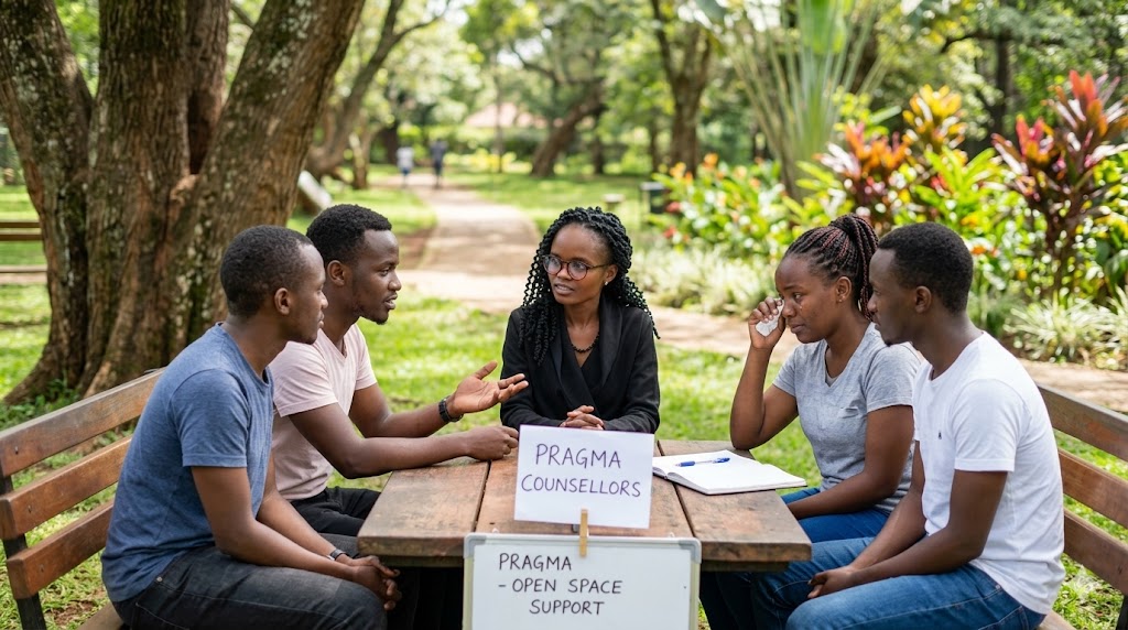 A female counselor with braided hair and glasses leading a grief support group for four young friends at a wooden outdoor table in a lush park setting