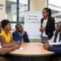 A professional female counselor standing by a whiteboard, leading a stress management discussion with a diverse group of parents seated around a table at Pragma Counsellors