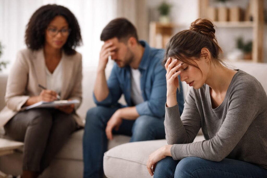 Counsellor supporting a couple dealing with domestic conflict in a therapy session