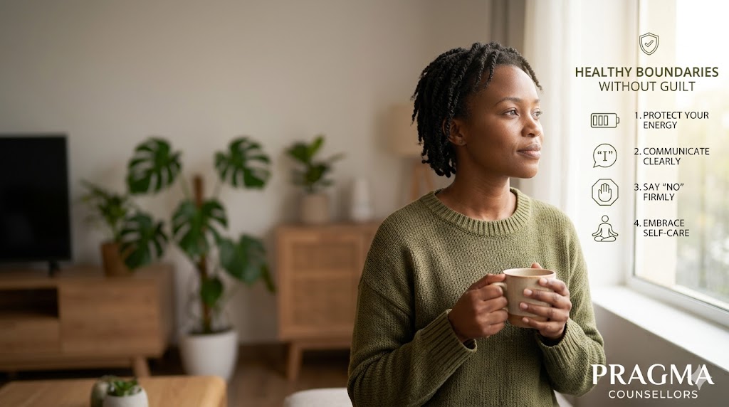 A calm, resolute woman in a sunlit Nairobi living room looking out of a window, representing clarity and self-care. Infographic overlay text reads 'HEALTHY BOUNDARIES WITHOUT GUILT