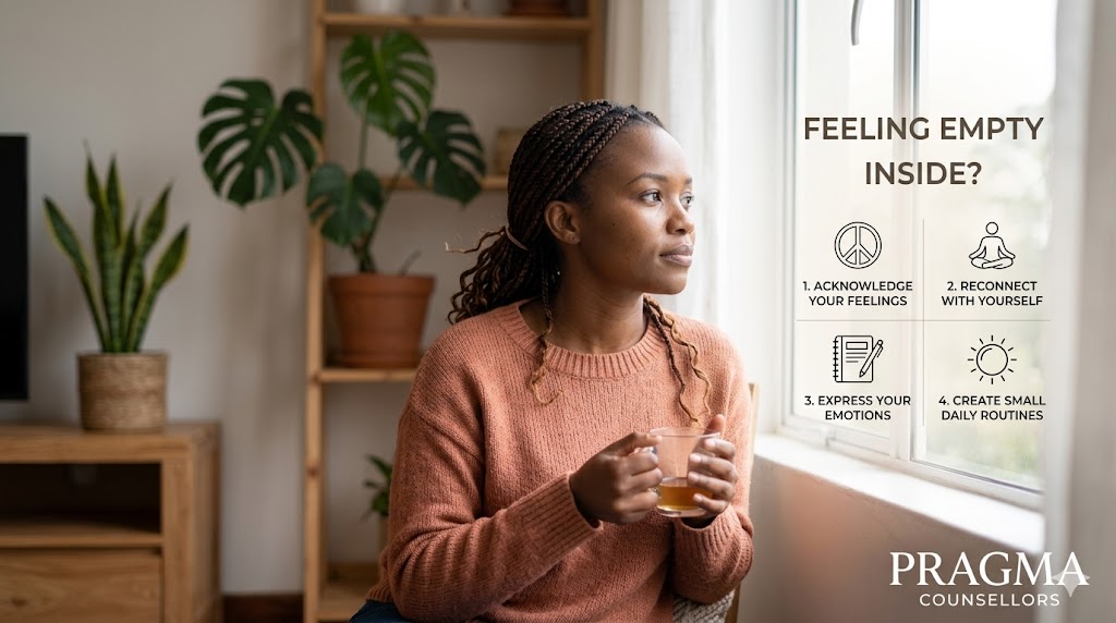 Feeling Empty Inside
This image is designed to capture the emotional journey of the article. It features a woman in a comforting, serene space, representation of self-reflection. The soft, illuminating light from the window is designed to symbolize hope and clarity, while the subtle infographic overlay gently highlights the four key steps toward healing: acknowledgment, reconnection, expression, and routine. The Pragma Counsellors branding is placed professionally, serving as a compassionate reminder of support.