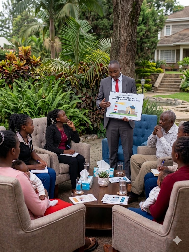  group counselling with a one of the counsellors helping this mid age people on How to Set Boundaries Without Feeling Guilty
