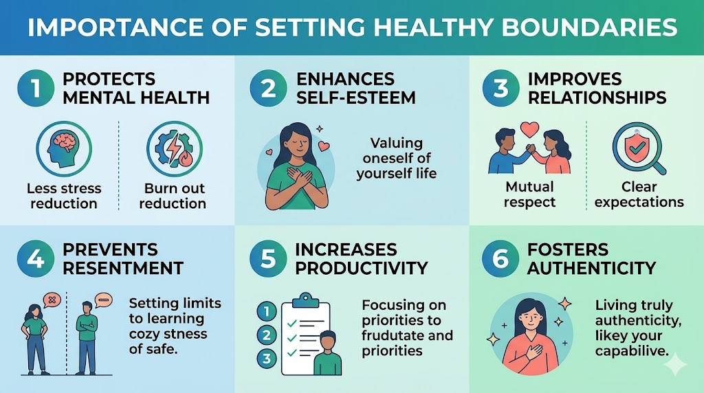 nfographic outlining 6 reasons to set healthy boundaries: protects mental health, enhances self-esteem, improves relationships, prevents resentment, increases productivity, and fosters authenticity.