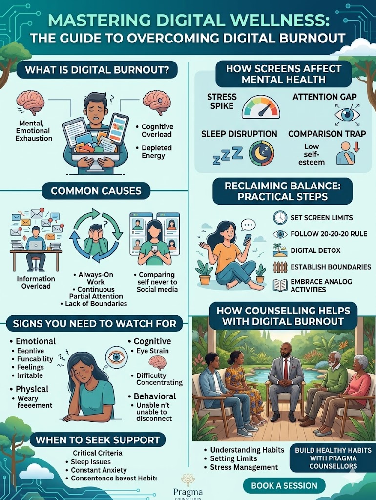An informative info graphic titled "Mastering Digital Wellness: The Guide to Overcoming Digital Burnout," featuring sections on the mental/emotional effects of screens, common causes like information overload, signs of burnout (emotional, cognitive, physical, behavioural), practical steps to reclaim balance, and how counselling with Pragma Counsellors can help.