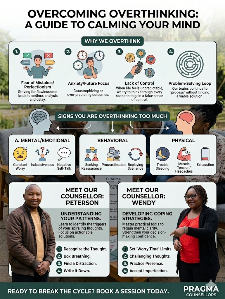 An educational infographic titled "Overcoming Overthinking: A Guide to Calming Your Mind," featuring sections on the causes of overthinking, signs to watch for (mental, behavioral, physical), and expert advice from Pragma Counsellors Peterson and Wendy on how to break the cycle. The graphic includes actionable tips like box breathing, setting worry time limits, and challenging negative thoughts to help restore mental balance.