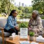 A Pragma Counsellor in a denim jacket providing a calm, professional outdoor counseling session to an elderly woman, discussing practical steps to stop overthinking. A sign on the table highlights four key techniques: recognizing patterns, box breathing, challenging thoughts, and focusing on the present.