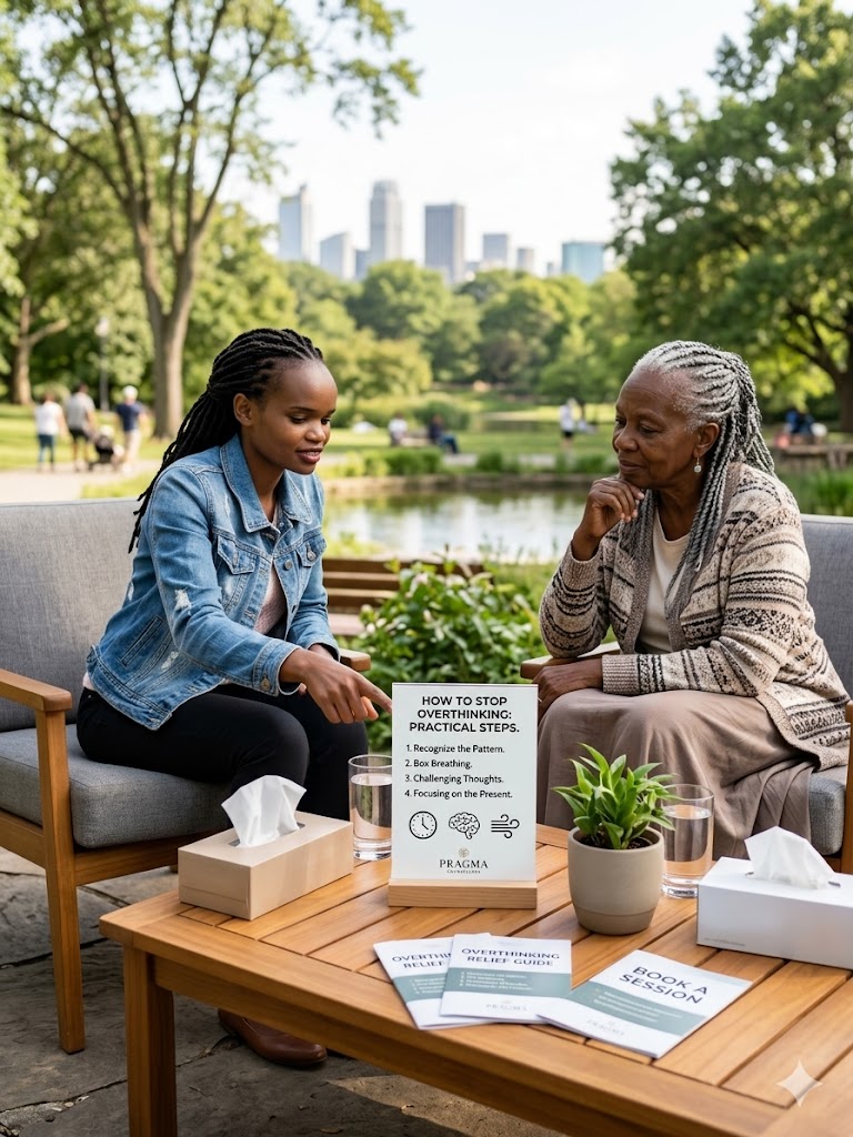 A Pragma Counsellor in a denim jacket providing a calm, professional outdoor counseling session to an elderly woman, discussing practical steps to stop overthinking. A sign on the table highlights four key techniques: recognizing patterns, box breathing, challenging thoughts, and focusing on the present.