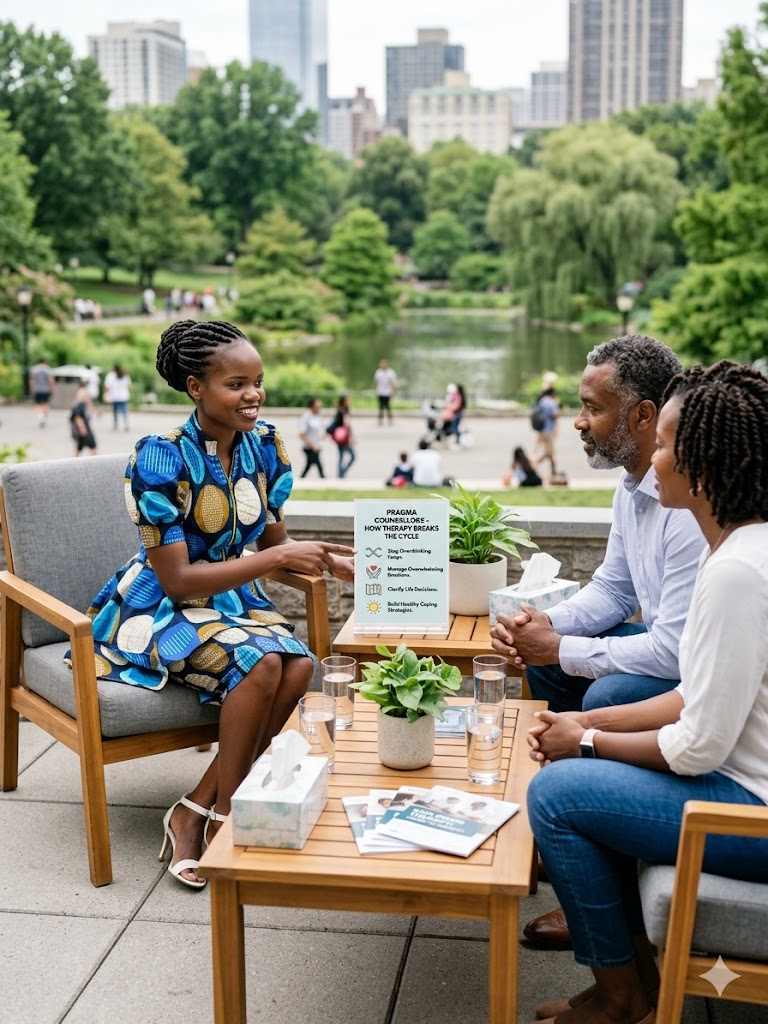A professional and friendly portrait of Purity, a Pragma Counsellor, sitting on an outdoor patio. She is wearing a distinct blue and patterned puff-sleeve dress and smiling warmly as she points toward an educational sign. The sign details "Pragma Counsellors - How Therapy Breaks The Cycle," listing points on stopping overthinking, managing overwhelming emotions, clarifying life decisions, and building healthy coping strategies. Opposite her sits a middle-aged Black couple listening attentively. The setting includes a teak coffee table with water glasses, a potted plant, and a blurred city skyline background with a lush park, including a lake and people strolling.