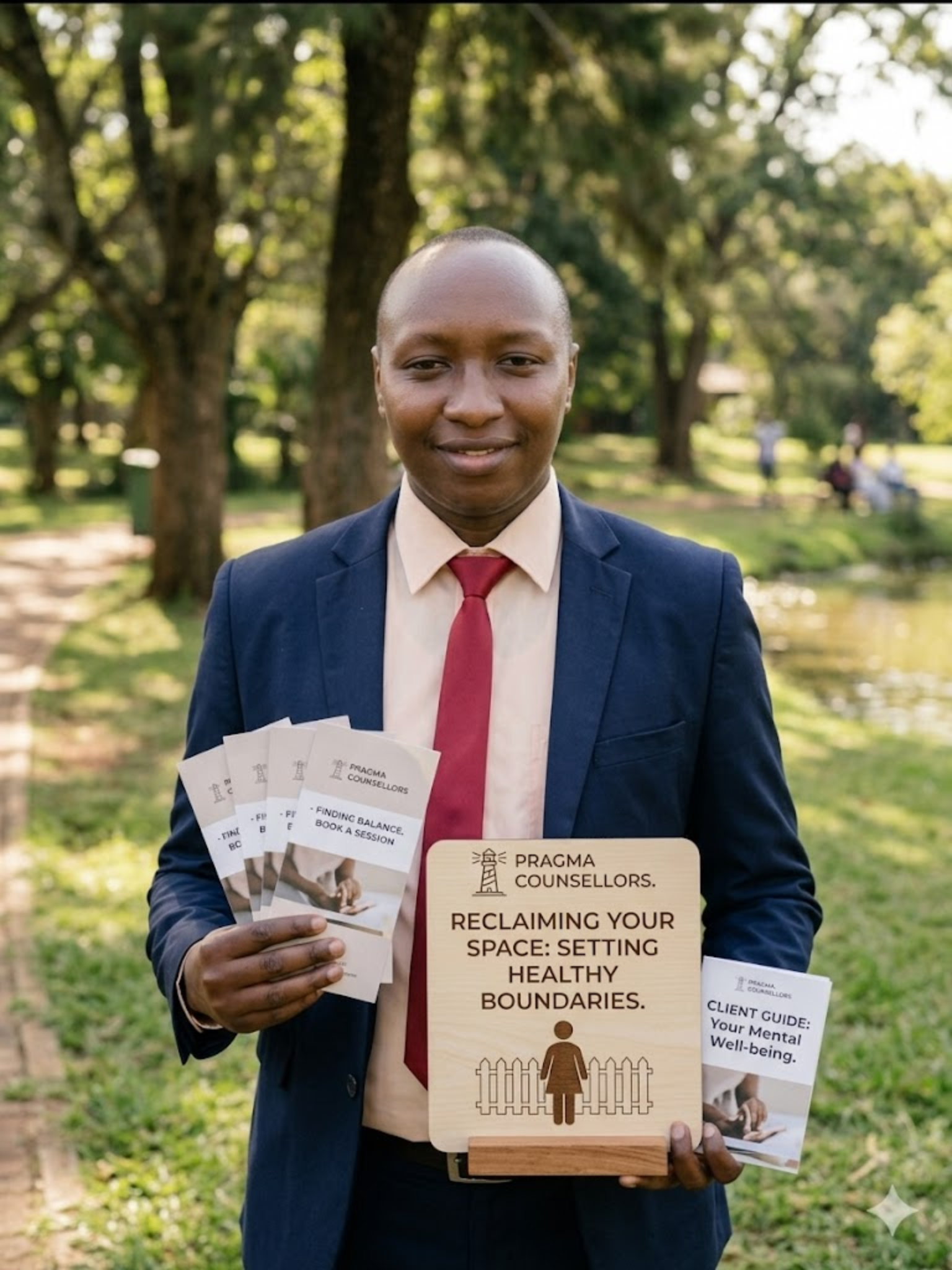 Counsellor holding mental health materials about setting healthy boundaries outdoors