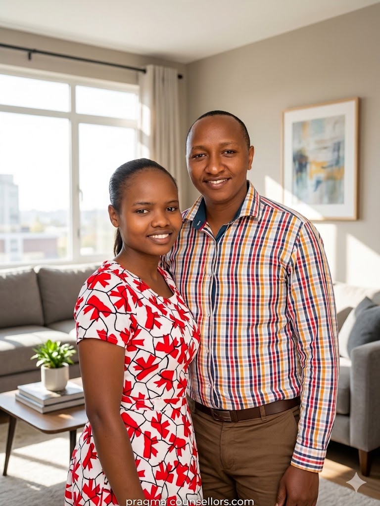 A friendly, professional portrait of counsellors Purity and Peterson smiling warmly in a bright, modern office setting, with "pragmacounsellors.com" displayed at the bottom of the image.