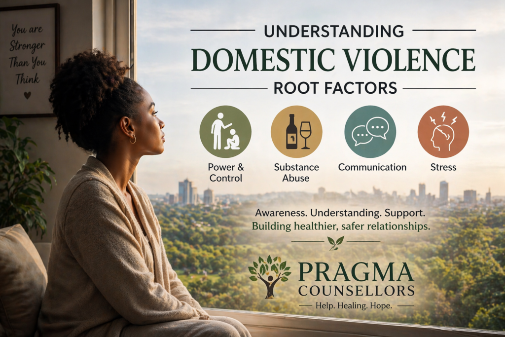Causes Domestic Violence in Marriage
A professional, empathetic photograph of a person looking out of a window toward a serene, lush Nairobi, Kenya landscape, with a look of quiet resolve and hope. Subtly overlaid infographic text reads 'UNDERSTANDING DOMESTIC VIOLENCE ROOT FACTORS' with clean icons for Power & Control, Substance Abuse, Communication, and Stress. The 'PRAGMA COUNSELLORS' logo is visible in a professional font. The image conveys warmth, dignity, and a focus on recovery.