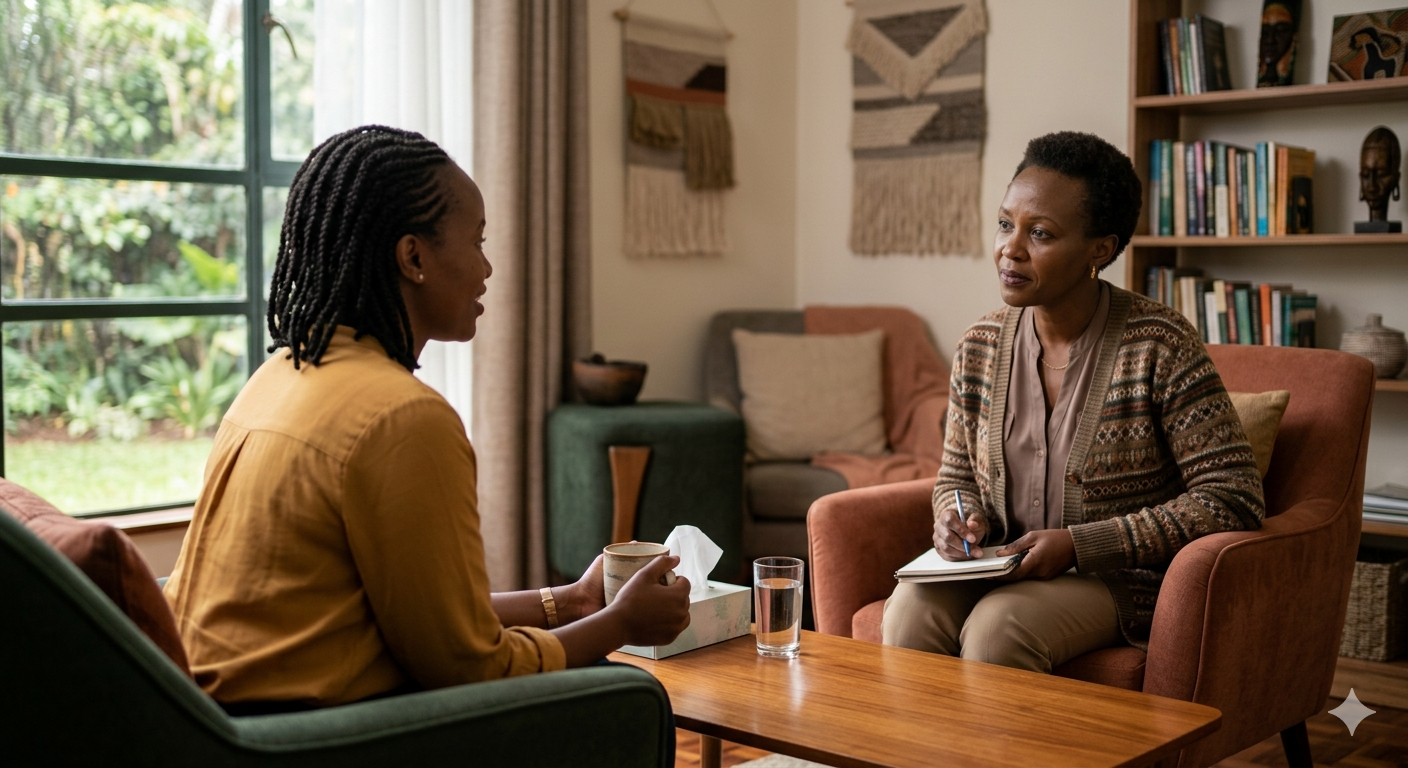A compassionate female counselling psychologist with short natural hair listens attentively to a young woman client during a confidential therapy session in a warm, inviting modern office.