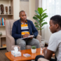 A candid, realistic photograph capturing the identifiable male counselling psychologist from image_21.png, wearing his navy bomber jacket and striped shirt, during a confidential therapy session with a contemplative young client in a warm, inviting modern office in Nairobi, Kenya.