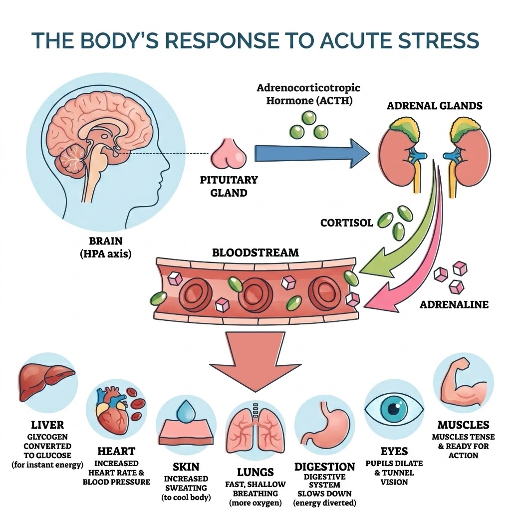 Why Do I Feel Anxious for No Reason? A comprehensive medical infographic, created for Pragma Counsellors, titled "THE BODY'S RESPONSE TO ACUTE STRESS." It shows the flowchart from the brain (HPA axis) to the pituitary and adrenal glands, releasing cortisol and adrenaline into the bloodstream, triggering physical responses in the liver, heart, skin, lungs, digestive system, eyes, and muscles (tense & ready for action).
