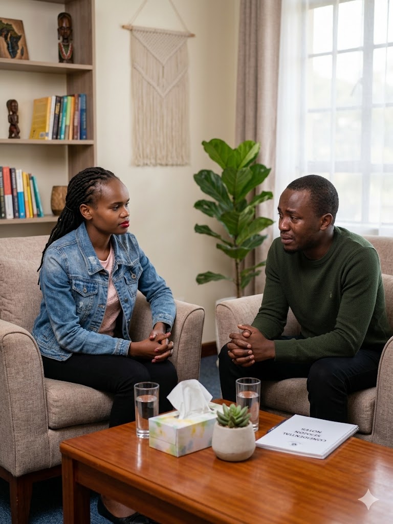 A recognizable female African counselling psychologist in her denim jacket and red lipstick listens with profound empathy to a distressed yet open young male client during a confidential therapy session in a warm, professional Nairobi office featuring natural lighting, bookshelves with varied literature, subtle African art, comfortable armchairs, a potted plant, and essential details on a low table.