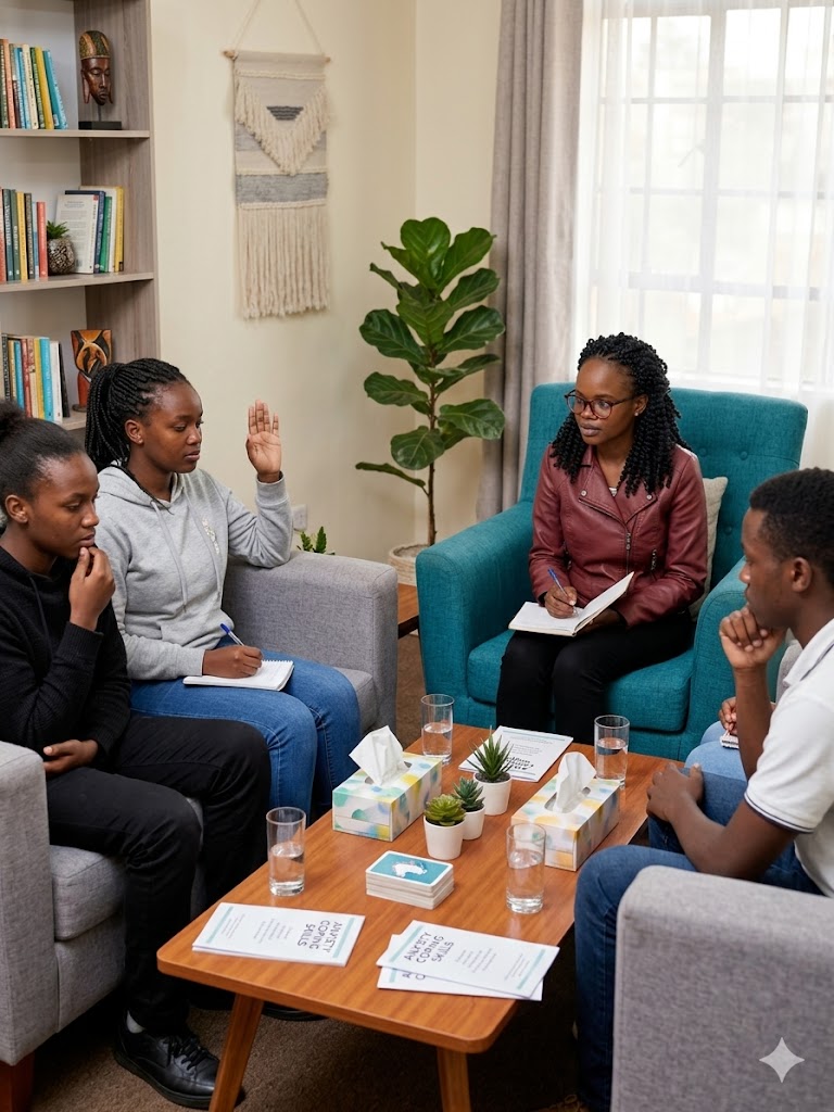 An authentic and lifelike African female counseling psychologist in her burgundy leather jacket and red-rimmed glasses sits in a teal armchair and guides a semi-circle of five diverse African teens through a deep breathing exercise to manage anxiety during a group session in a warm, professional, confidential Nairobi office featuring natural lighting, bookshelves with varied literature, African art, armchairs, a potted plant, and essential details on a low table.