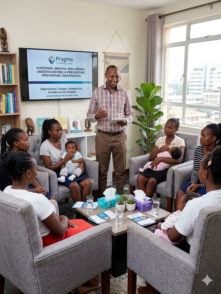 An recognisable male African counselling psychologist , wearing a professional his distinctive multi-color checkered shirt and brown trousers, presents on "Depression in Young Mothers: Causes, Symptoms, & Prevention" to a semi-circle of seven young African mothers (some holding infants) who are seated and listening attentively in a warm, professional, confidential modern Nairobi office featuring natural lighting, bookshelves with varied literature, subtle African art, comfortable armchairs, a large window, a potted plant, and educational pamphlets and water glasses on a low table.
