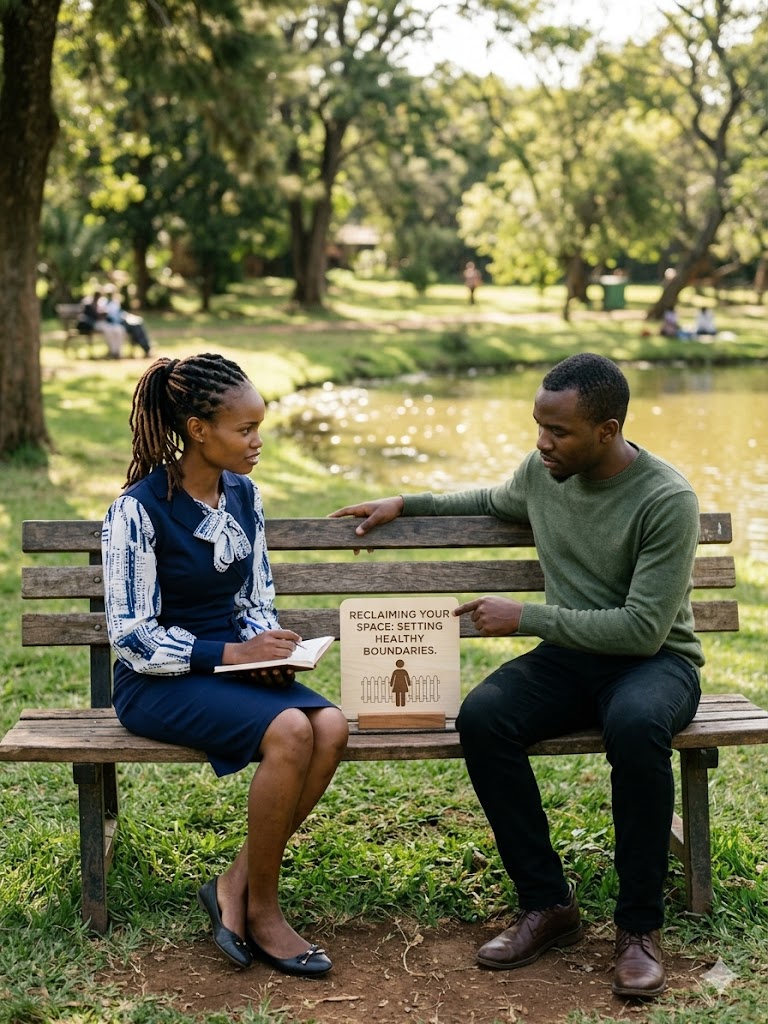 An expert female African counselling psychologist in a blue and patterned dress sitting on an outdoor park bench, calmly taking notes while guiding a distressed male client. Between them on the bench is a wooden sign that reads "Reclaiming Your Space: Setting Healthy Boundaries" with a small picket fence icon, set in a serene, natural Nairobi park environment with trees and a pond in the background.