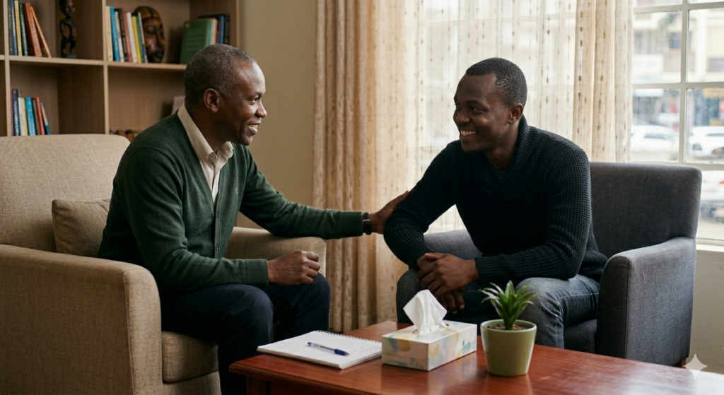 A smiling Kenyan male client, who was previously distressed, finds relief and shows sincere appreciation to his compassionate male counselling psychologist in Nairobi, Kenya. The client is making thankful eye contact and holding the therapist's arm in gratitude in a warm, inviting office.