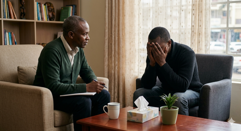 A compassionate male counselling psychologist in Nairobi, Kenya, with graying hair, listens attentively to a deeply distressed male client in his late 20s. The client is visibly disturbed, slumped over with his face in his hands, finding comfort in the non-judgemental, warm therapy office.