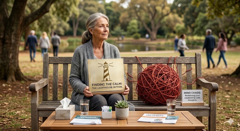 A reflective woman sitting on a park bench, holding a plaque that reads "Finding the Calm: The Lighthouse Within," positioned next to a large, tangled ball of red twine symbolizing mental chaos, with a smaller sign labeled "Mind Chaos: Redefining your relationship with thoughts," representing the journey from overthinking to mental clarity.