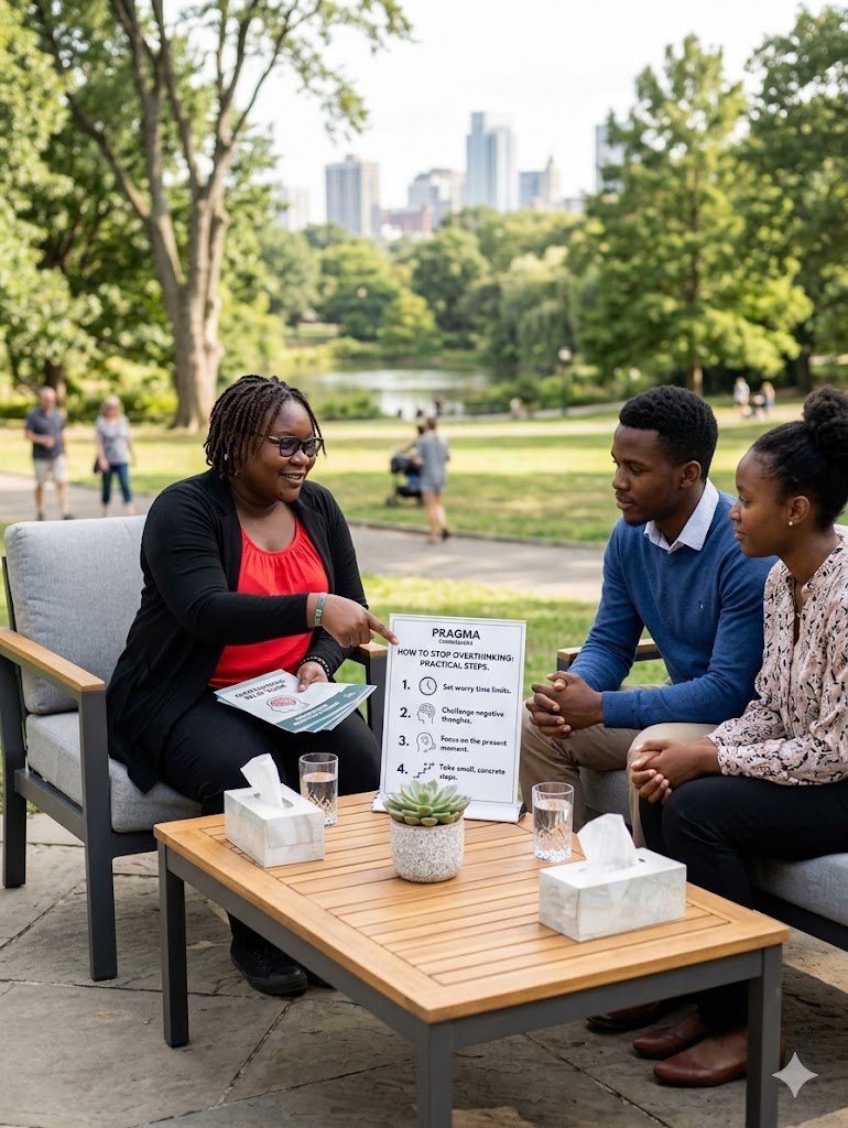 a female counsellor having a session with a young couple on the issue of overthinking and how to stop the behaviour
