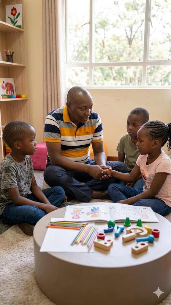 A male counselor, an African man with a shaved head wearing a yellow, white, and navy striped polo shirt, sits cross-legged on a carpeted floor at eye level with three young children. They are gathered around a low round table featuring colored pencils, drawings, and wooden toys. The counselor holds a young girl's hand in a comforting gesture as they talk. The room is a brightly lit, welcoming therapy space with a bookshelf and a large window in the background.