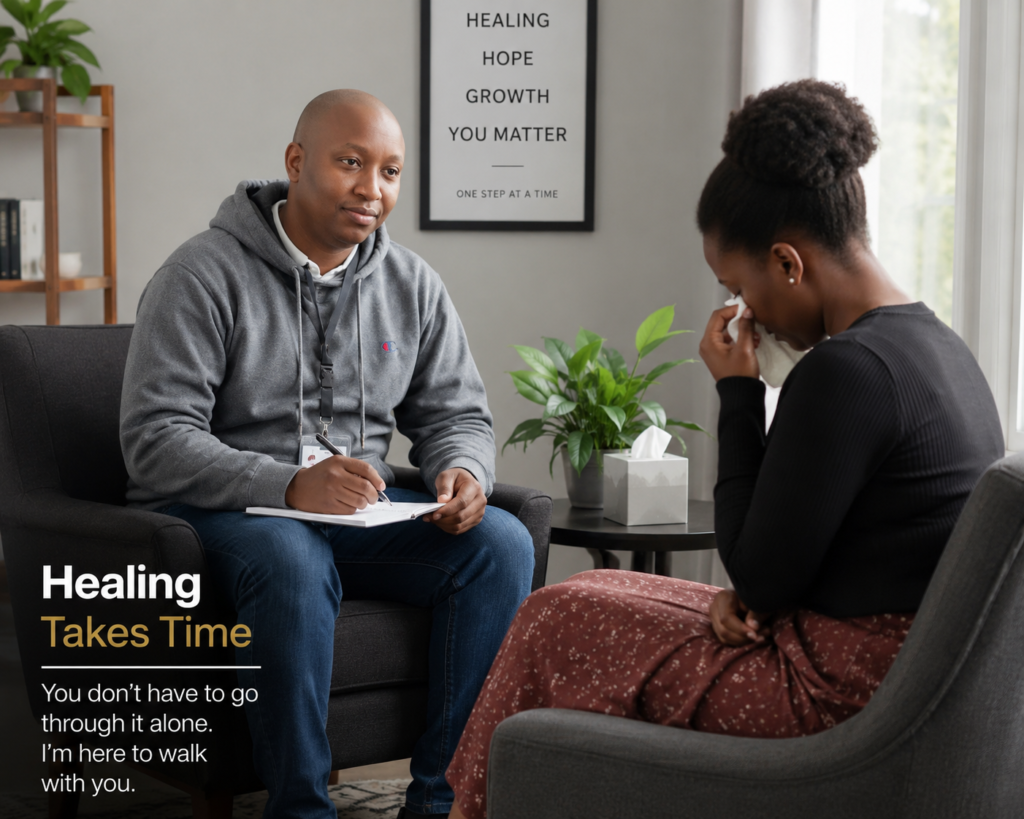 Professional counsellor comforting a grieving woman during a therapy session focused on healing and emotional support after losing her mother.