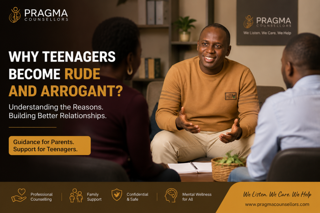 Counsellor guiding parents during a therapy session about managing rude and arrogant teenage behaviour
