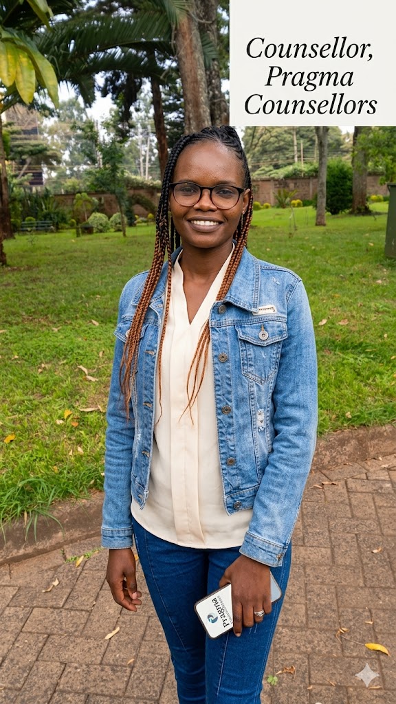 A smiling professional female counsellor with braided hair and glasses, standing outdoors in a park, holding a Pragma smartphone.
