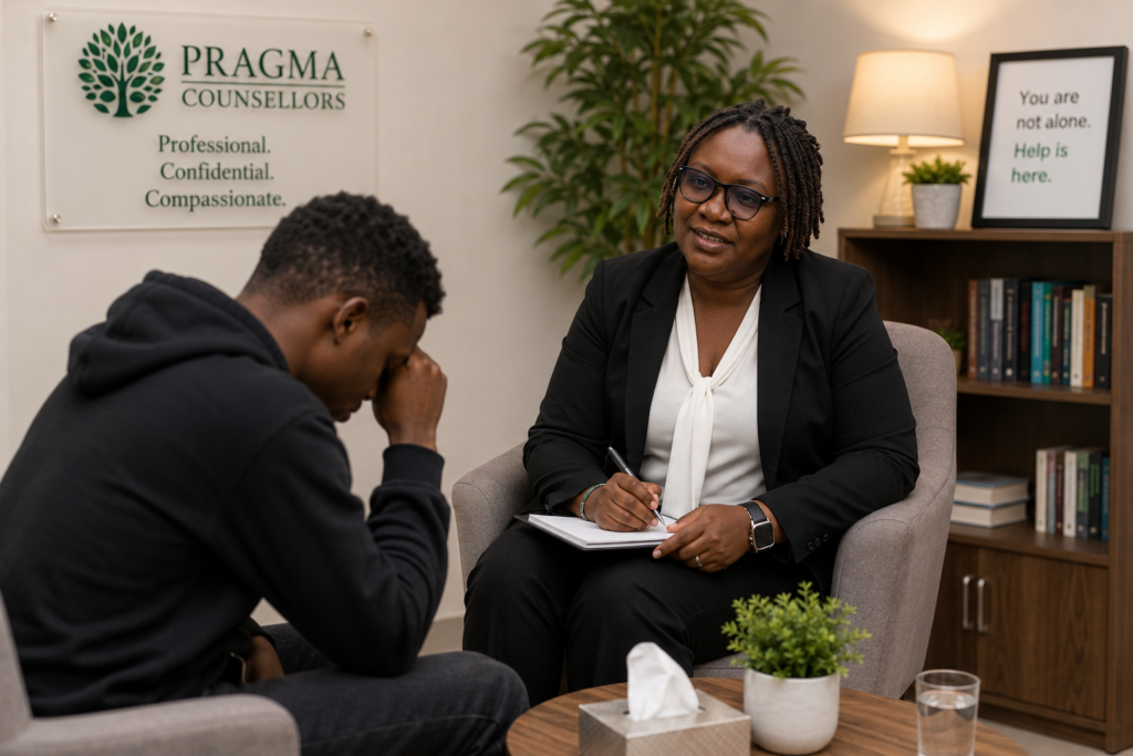 Professional counselling session at Pragma Counsellors showing a female therapist supporting a young Gen Z man struggling with depression in a calm therapy office in Nairobi, Kenya.