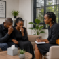 Professional counsellor supporting a grieving couple during a therapy session focused on coping with the loss of their child in a calm and compassionate environment.
