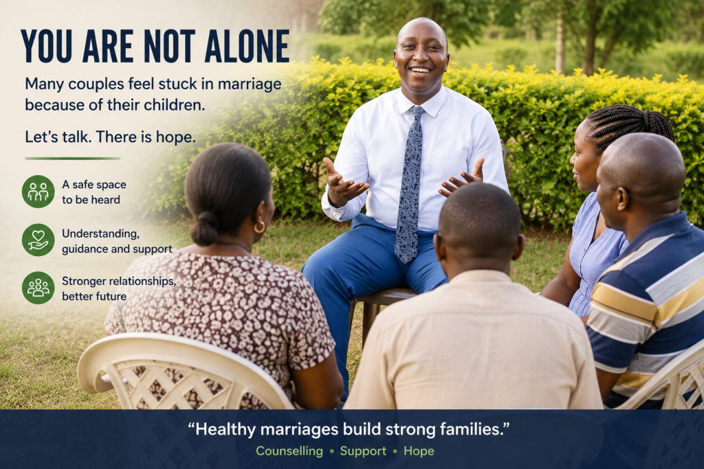 Male counsellor leading an outdoor group therapy session with married couples discussing relationship struggles and family challenges.