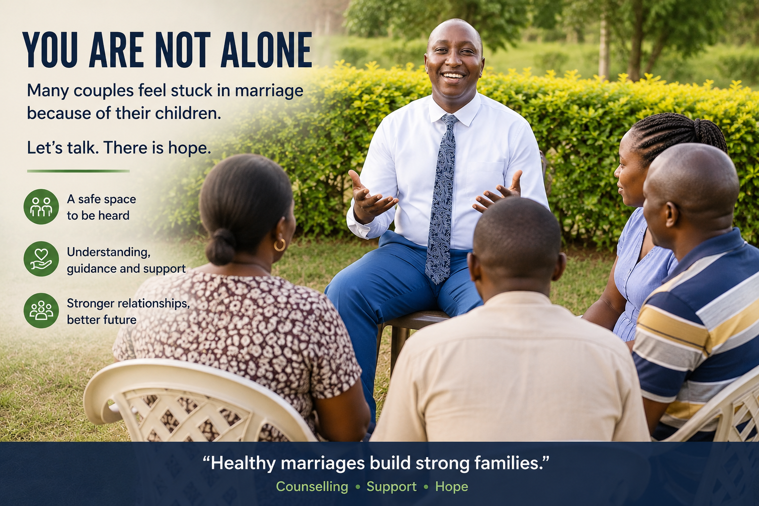 Male counsellor leading an outdoor group therapy session with married couples discussing relationship struggles and family challenges.