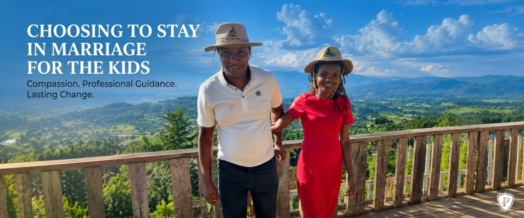 A middle-aged African man and woman stand close together, smiling, on a wooden deck overlooking a wide, lush green valley. They both wear beige safari hats, and the woman has an arm around the man's. He is wearing a white collared polo, and she is in a red short-sleeved dress. White text to the left reads: "CHOOSING TO STAY IN MARRIAGE FOR THE KIDS" and below it in a smaller font, "Compassion. Professional Guidance. Lasting Change." A white circular logo with a "P" is in the bottom right corner. The background features rolling hills and a clear, partly cloudy sky.