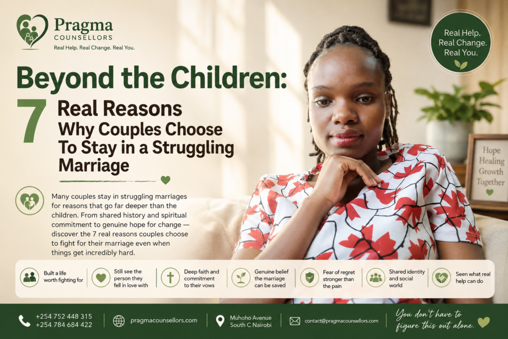 Young woman seated indoors beside article text titled “Beyond the Children: 7 Real Reasons Why Couples Choose To Stay in a Struggling Marriage” in a professional Pragma Counsellors featured image design.