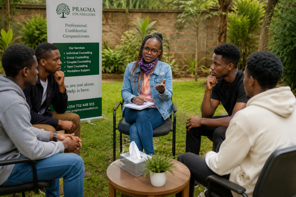 Professional female counsellor at Pragma Counsellors in Nairobi having therapy session with a group of early 20s men who are suffering from deprresion.
