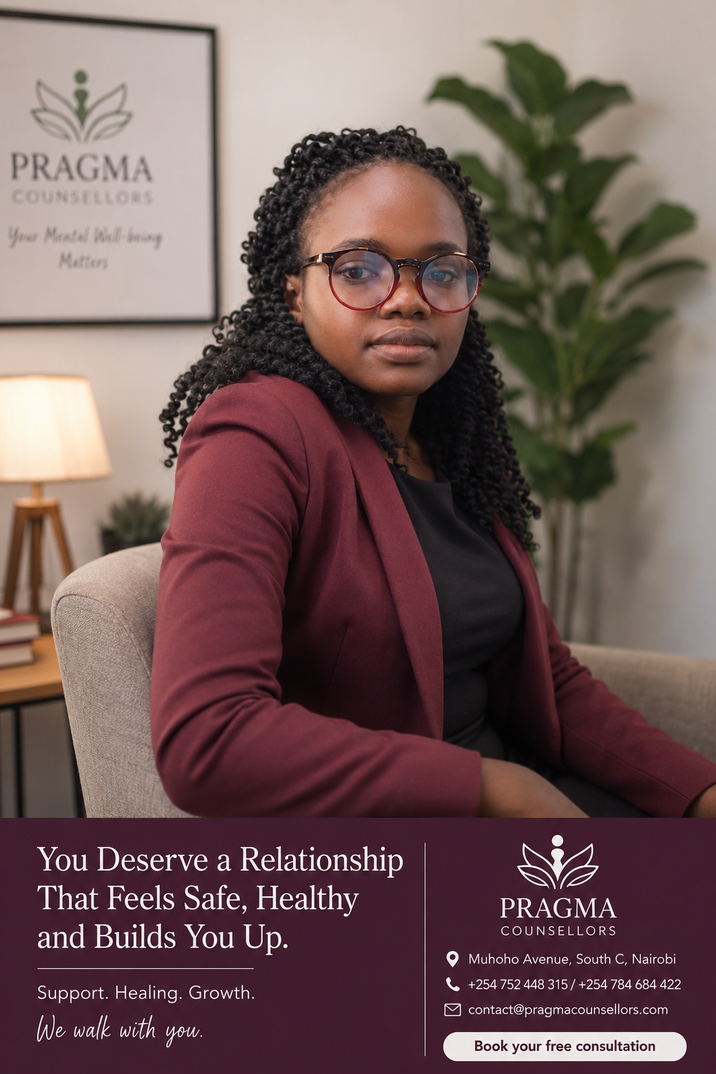 Professional portrait of Counselling Psychologist Purity discussing toxic relationship signs, emotional abuse, healthy boundaries, and mental health support at Pragma Counsellors Nairobi.