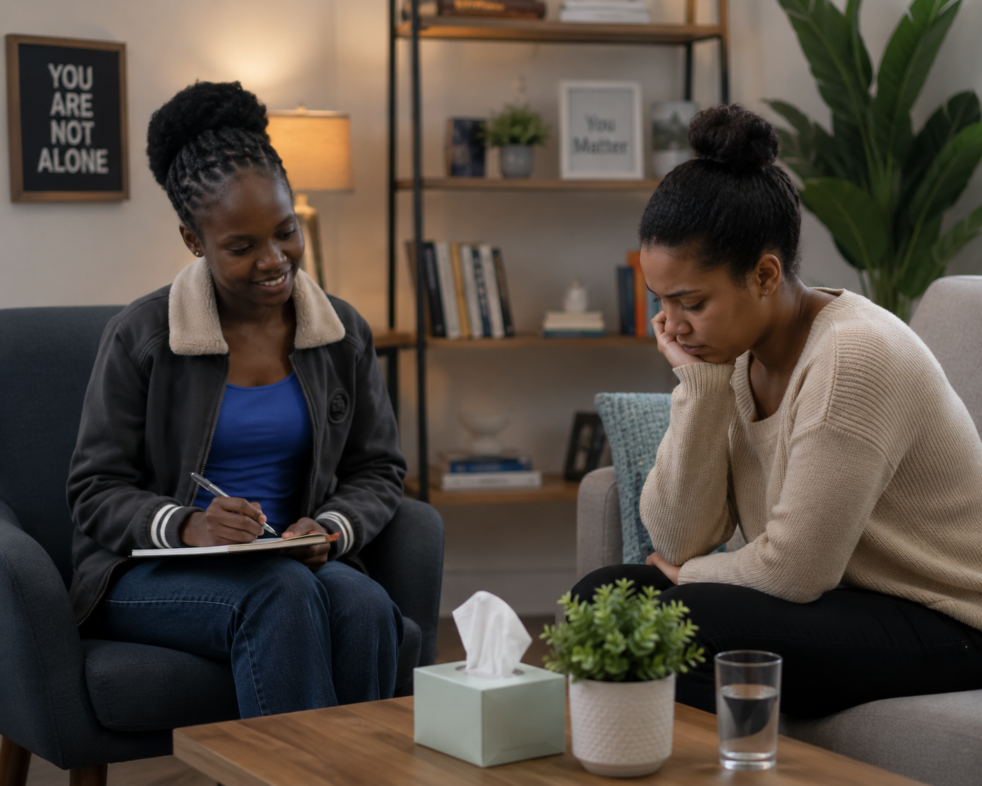 Professional counselling session showing a Pragma Counsellors therapist listening attentively to a distressed woman in her late 20s in a warm, private therapy room focused on emotional abuse recovery and emotional support.