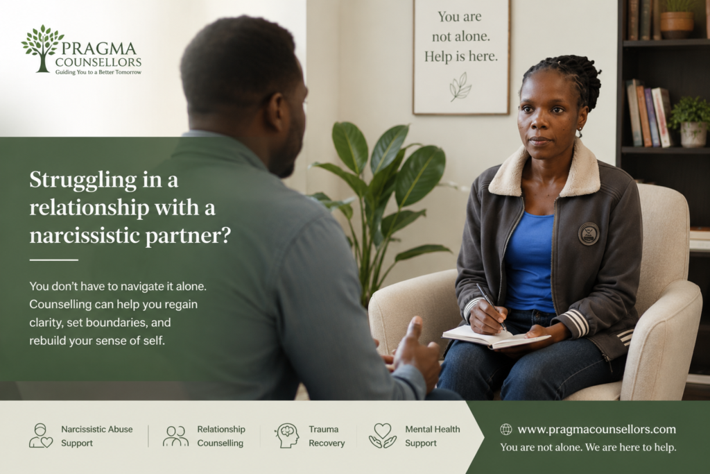 A female counsellor from Pragma Counsellors conducting a therapy session with a male client in a professional office setting. The image represents support for individuals experiencing challenges in relationships with narcissistic partners, focusing on healing, emotional wellbeing, and recovery.