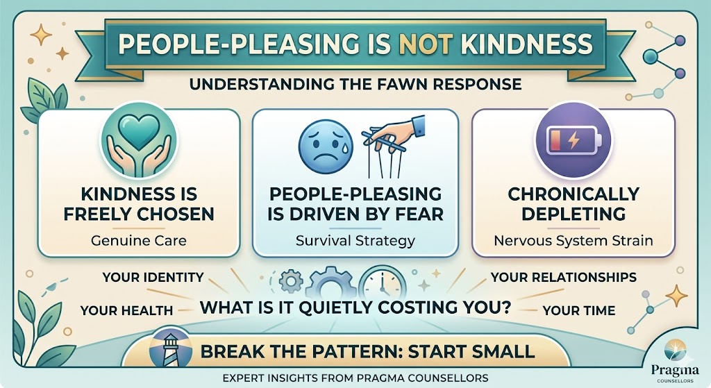 An educational mental health infographic from Pragma Counsellors explaining why people-pleasing is not kindness. It breaks down the fawn response, noting that pleasing is driven by fear and is chronically depleting, while highlighting the hidden costs to your identity, health, relationships, and time.
