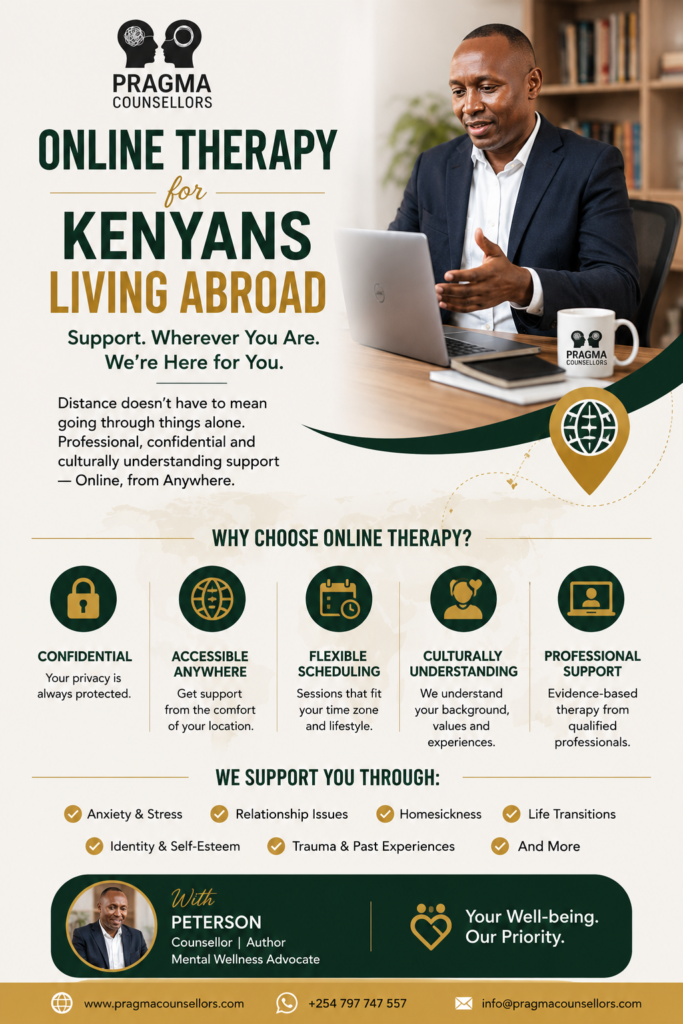 Pinterest infographic by Pragma Counsellors featuring Peterson promoting confidential online therapy for Kenyans living abroad with culturally sensitive mental health support.